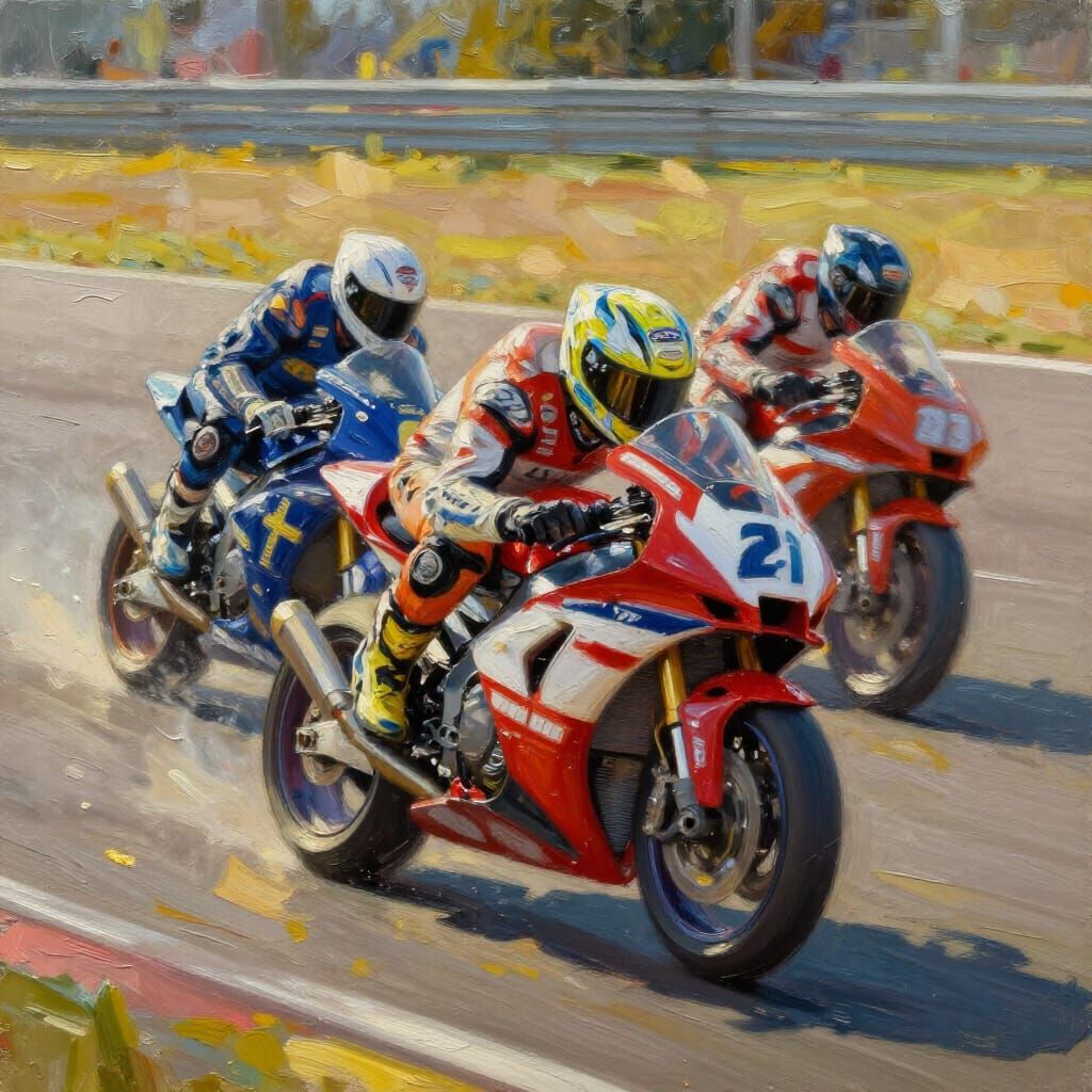 Dynamic Motorcycle Race in Expressive Oil Painting Style