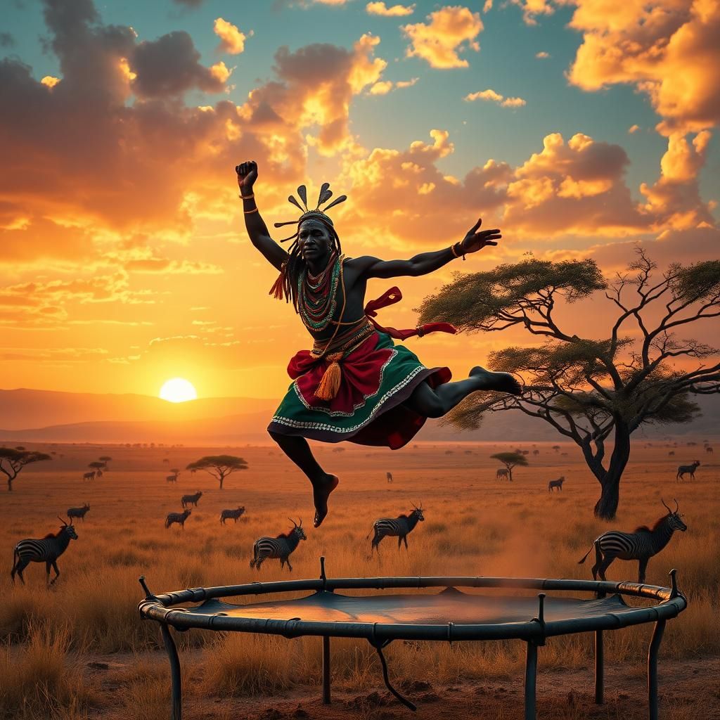 Maasai Warrior Trampoline Jump in Dreamlike Savannah