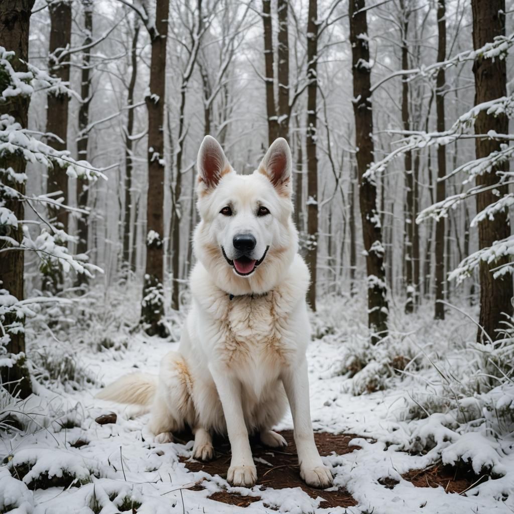 White German Shepherd in Winter Forest