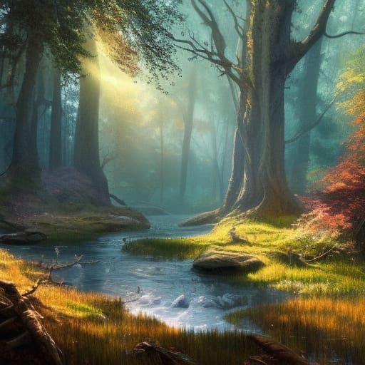 Enchanted Forest Creek in Sunlight: Dark Fantasy Art