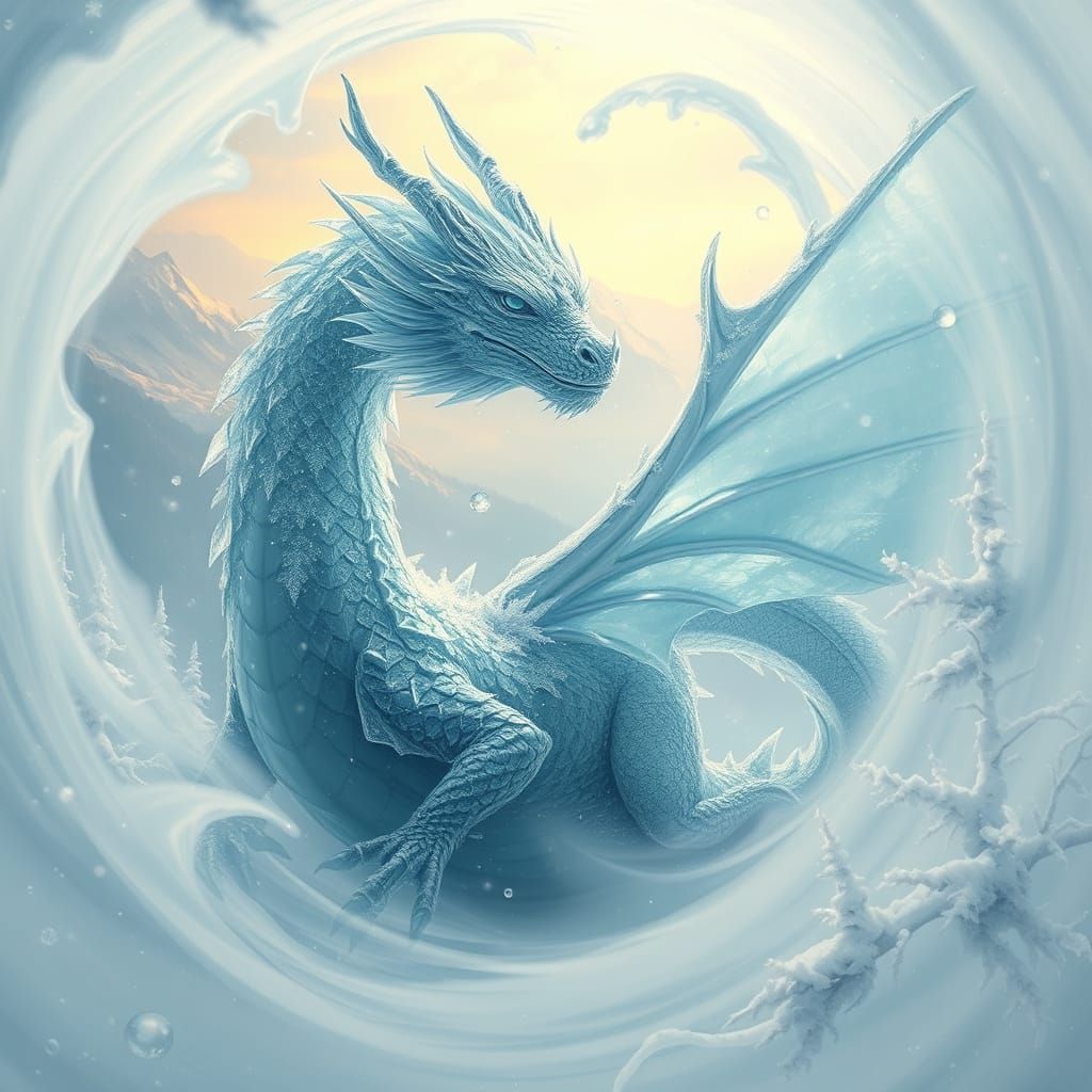 Ethereal Crystal Ice Dragon in Frosty, Dreamy Landscape