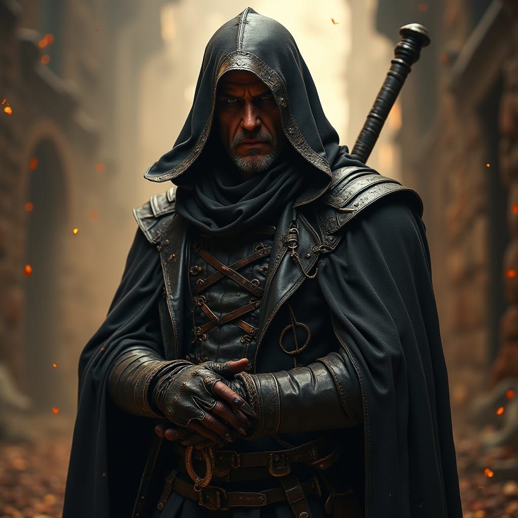 Grimdark Figure Clad in Leather Armor