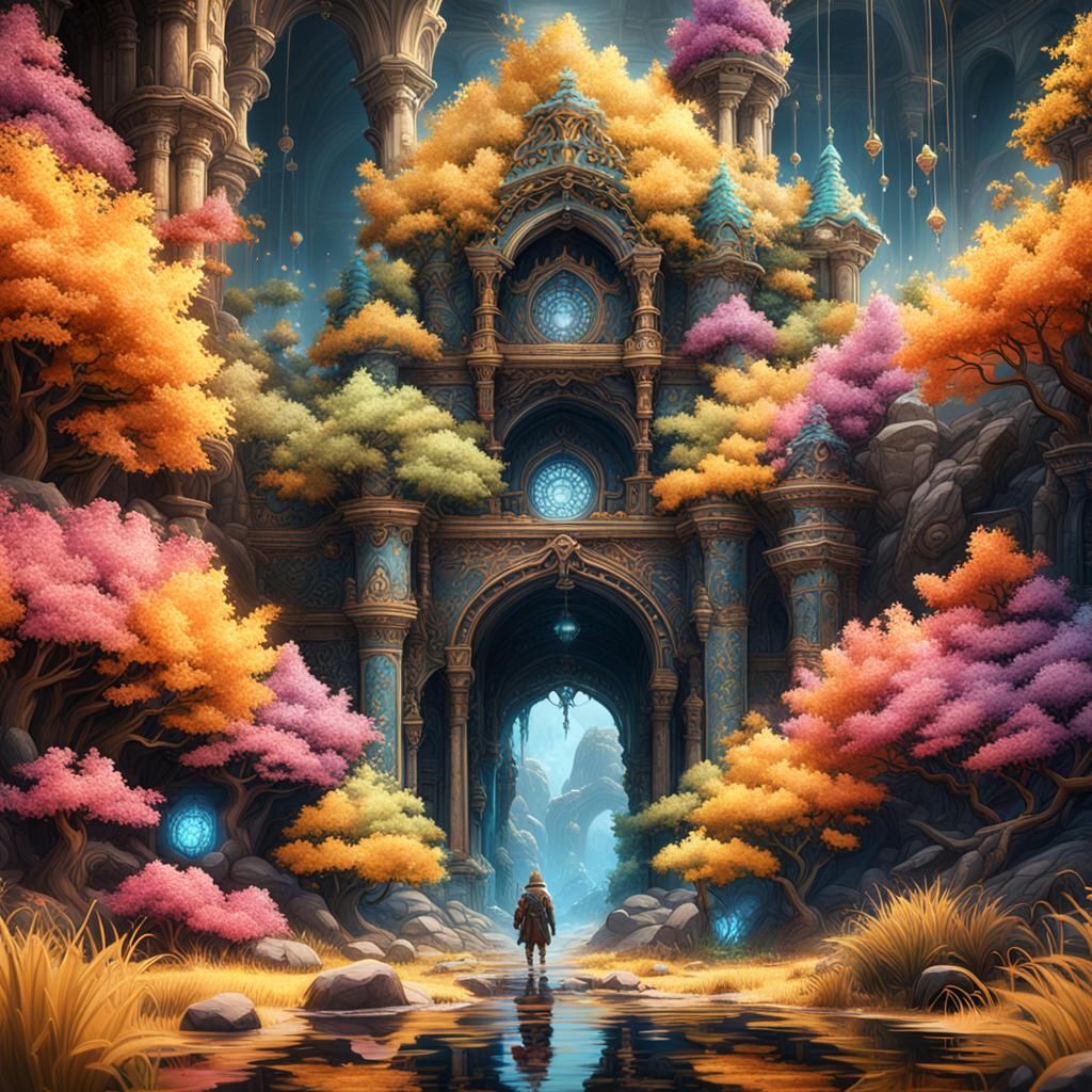 Fantastical Temple in Deep Color, Detailed Matte Painting