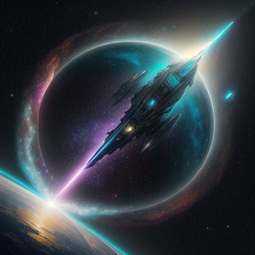 Glowing Spacecraft Soars Through Iridescent Galaxy