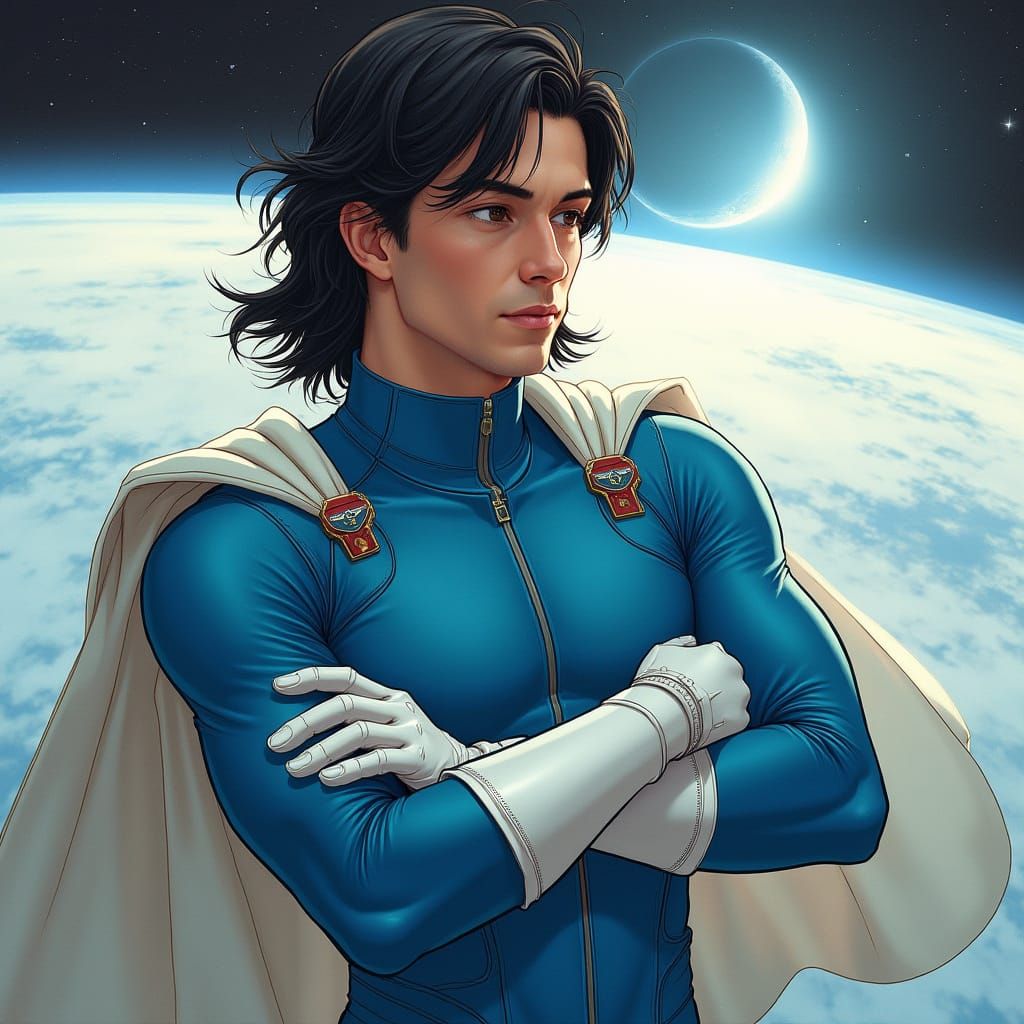 Superhero Soaring Near Earth in Digital Painting Style
