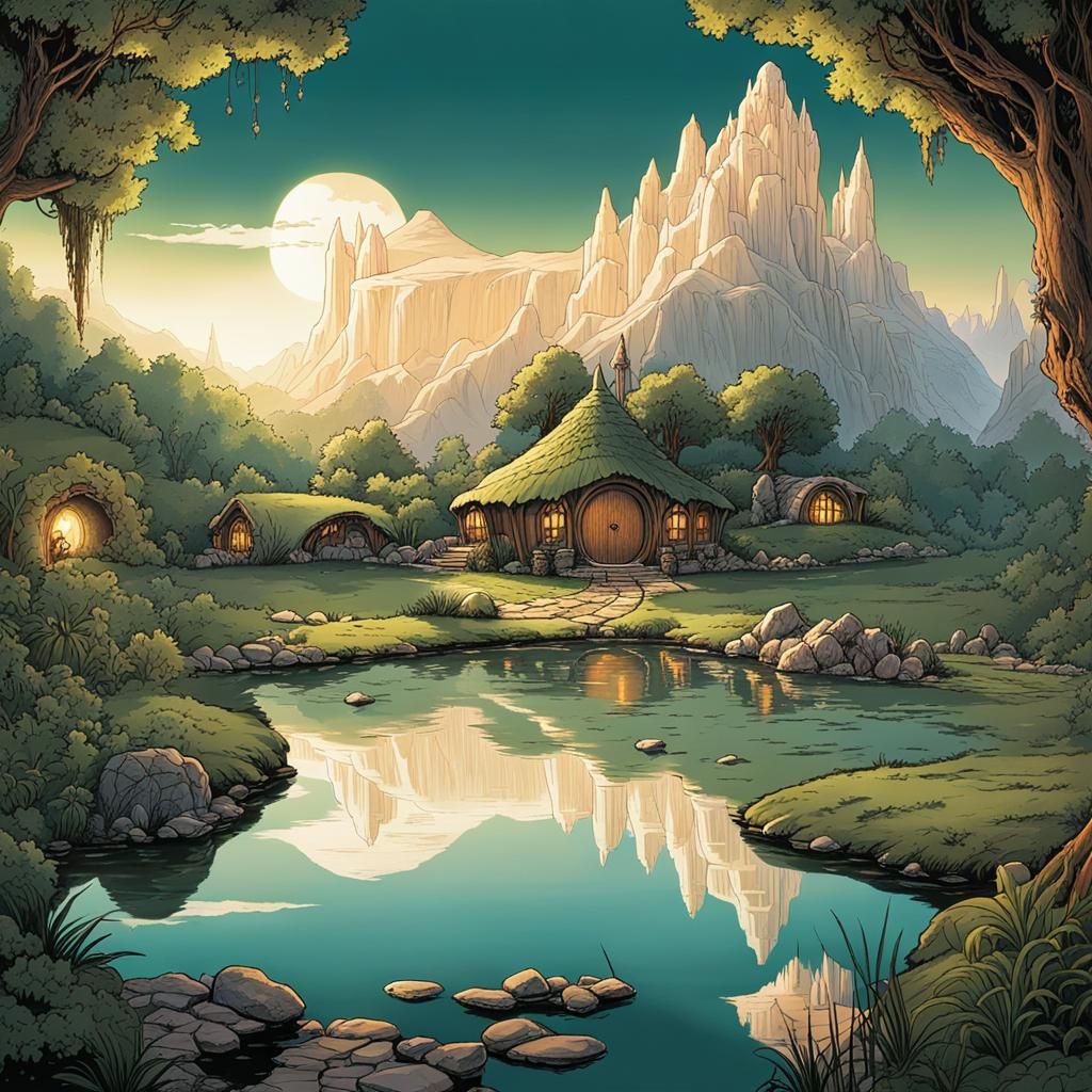 Detailed Hobbit Home Illustration at Dawn