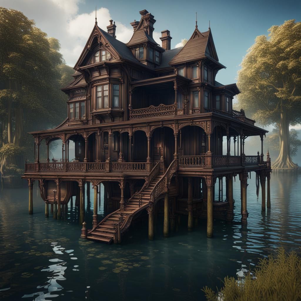 Edwardian House on Stilts: Detailed Fantasy Art