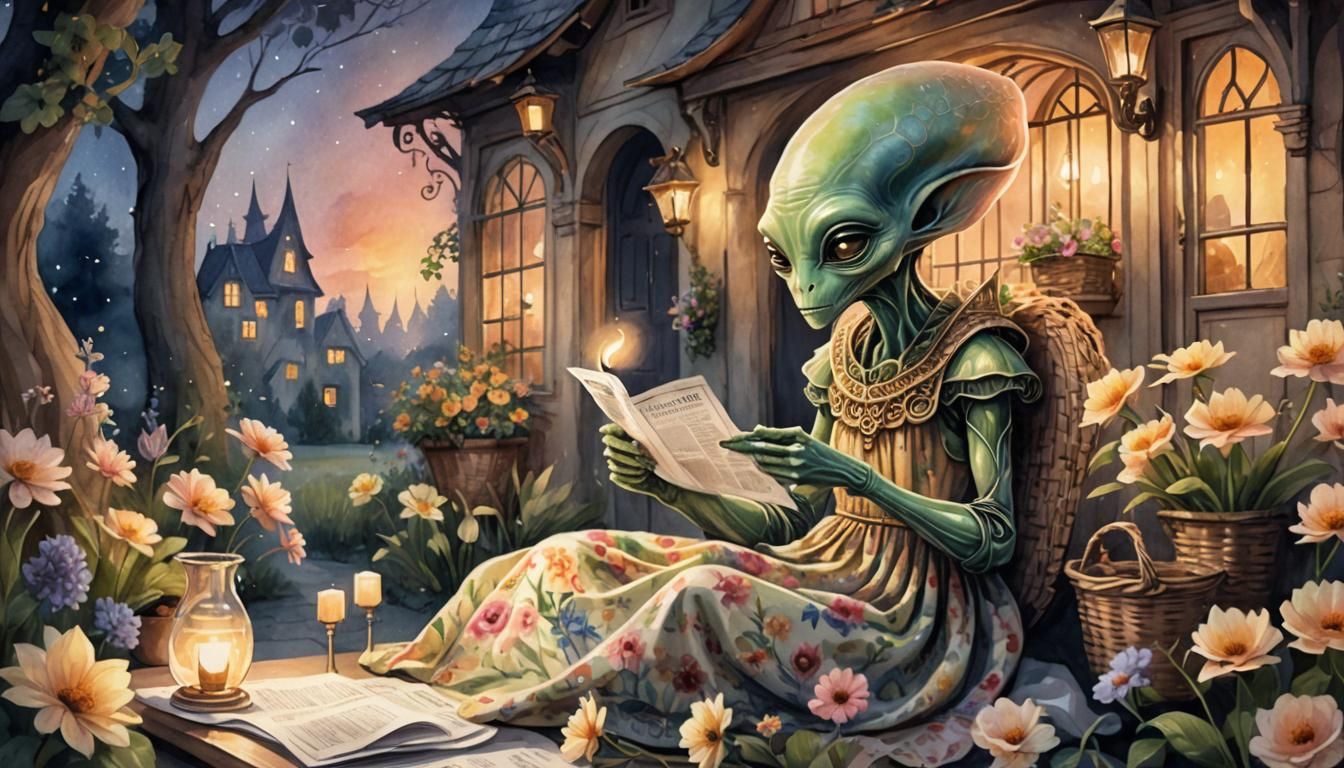 Anthropomorphic Alien Reading Newspaper: Pixar-Style Illustr...