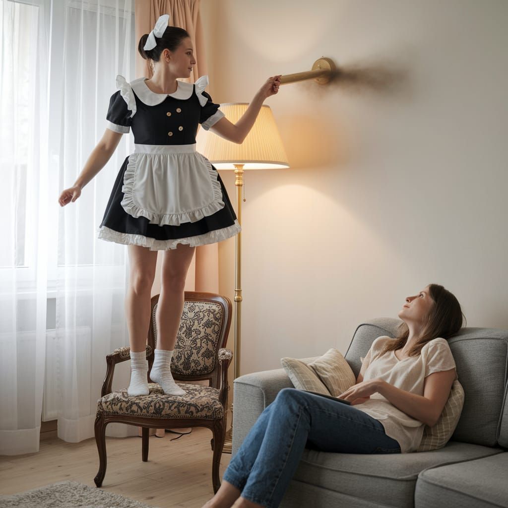 Crossdressing Maid Dusts Lamp While Woman Watches