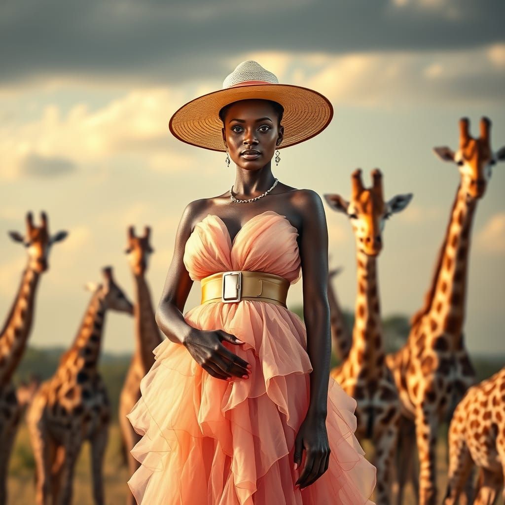 Regal African Queen Surrounded by Majestic Giraffes in a Vib...