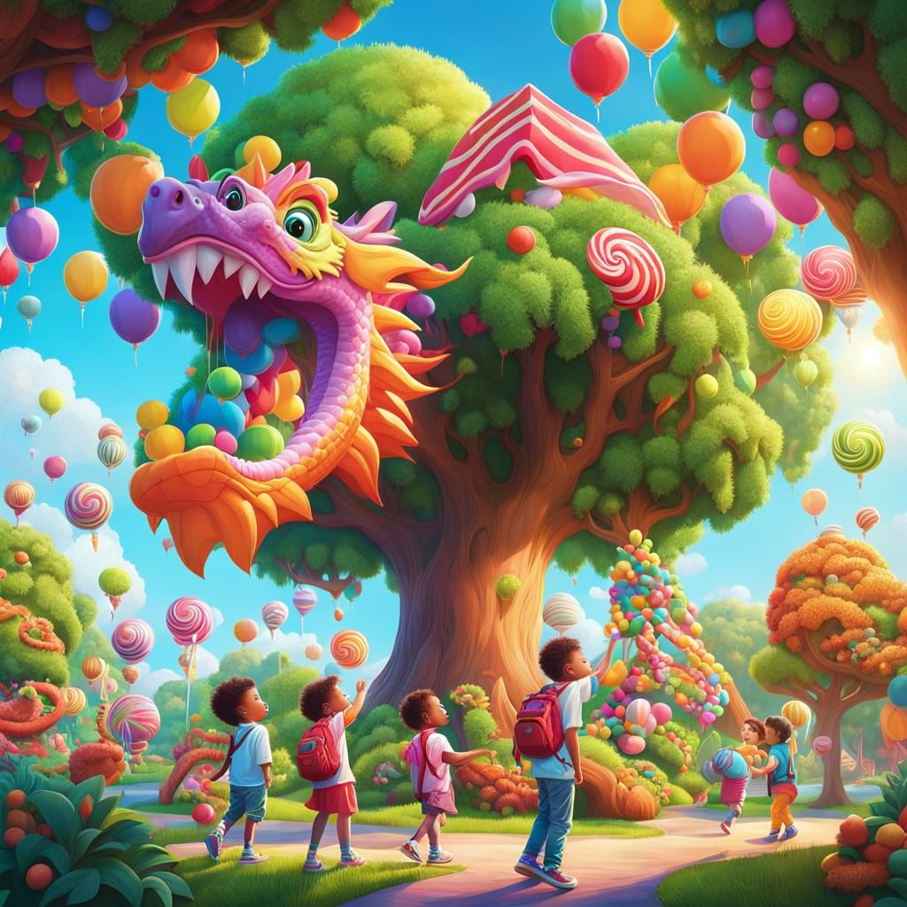 Whimsical Dragon Discovery in Candyland Art Style