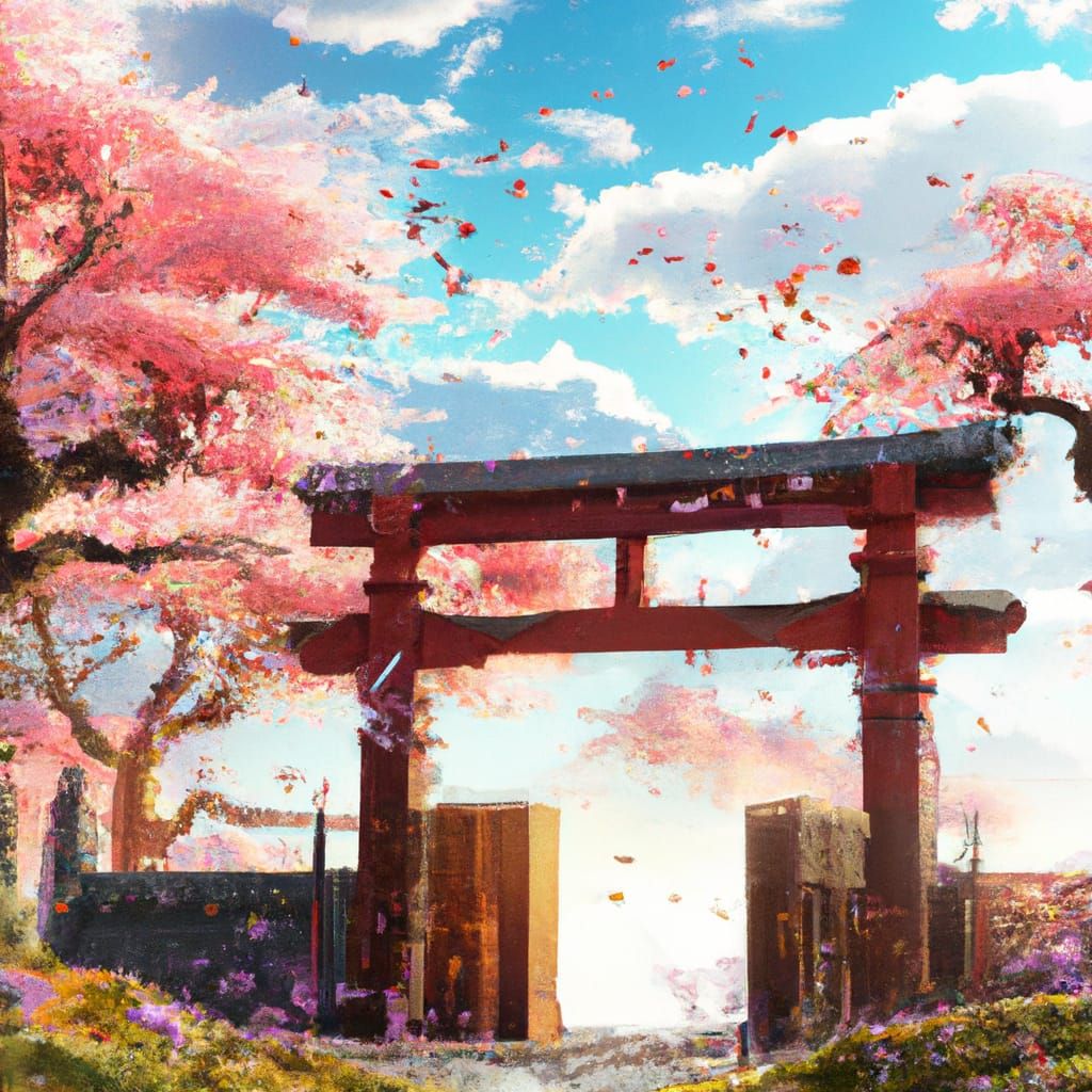 Scenic Tori Gate with Sakura Trees in 32-bit Pixel Art