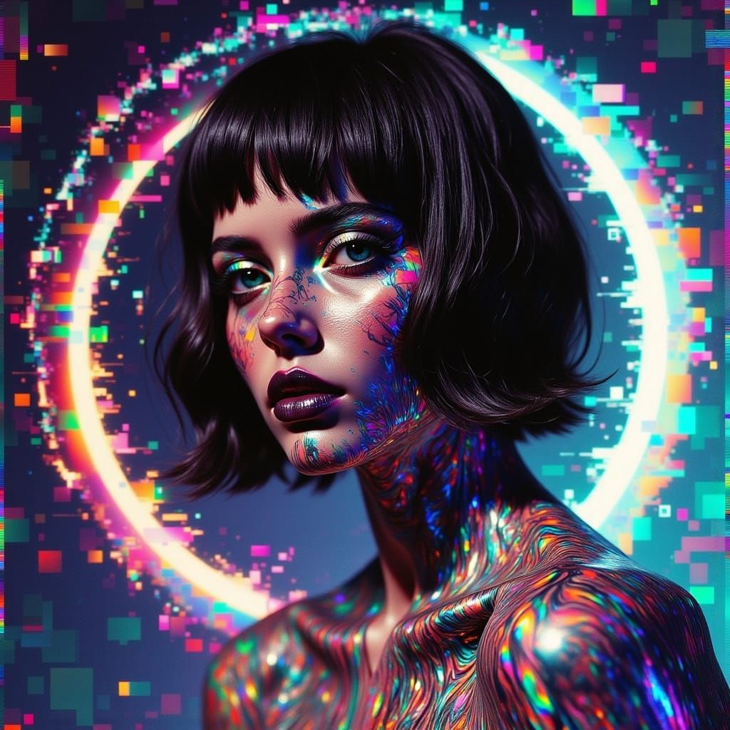 Marbled Woman with Rainbow Foil Hair in Glitchcore Style