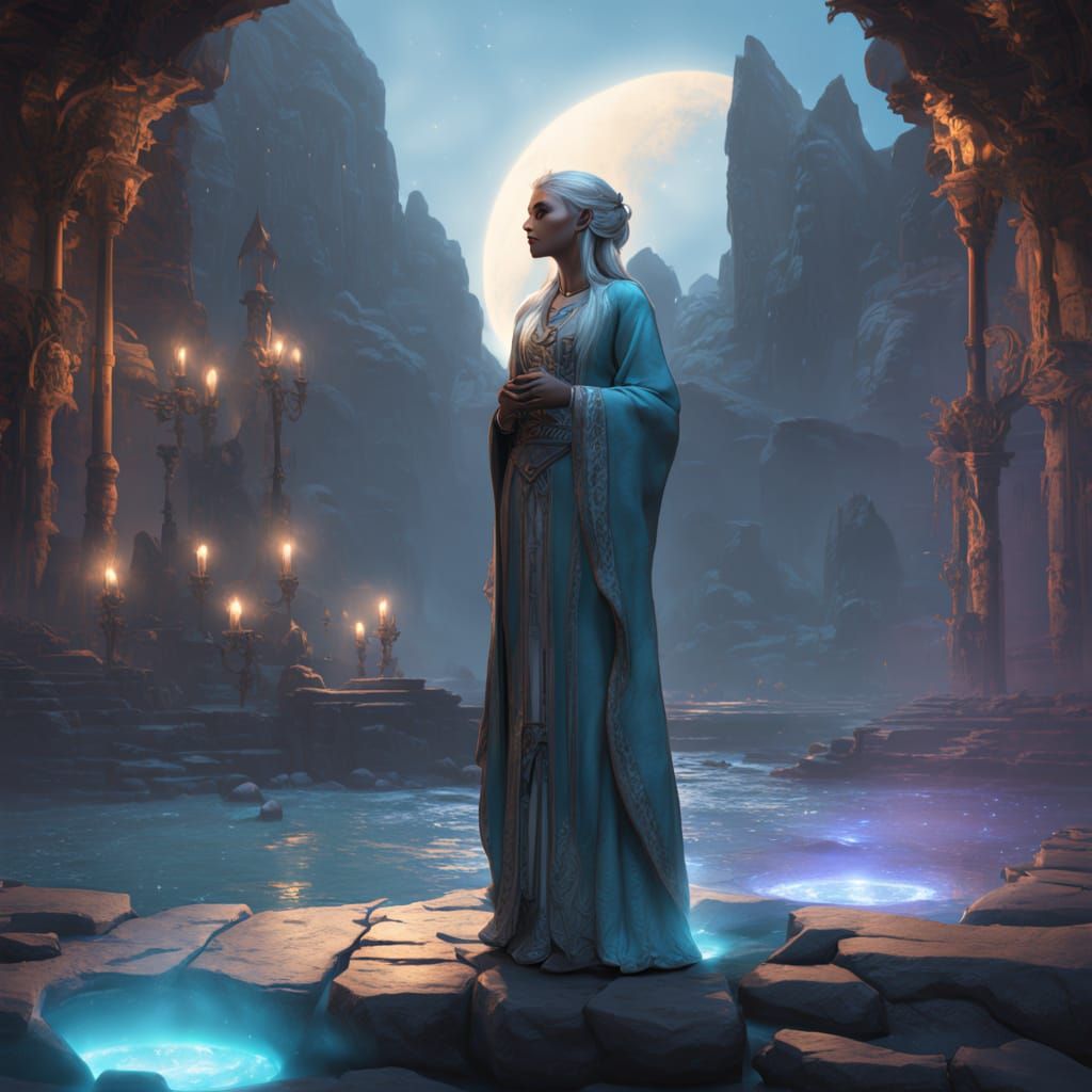 Lemurian Priestess on Crystal Shoreline in Dark Fantasy Styl...