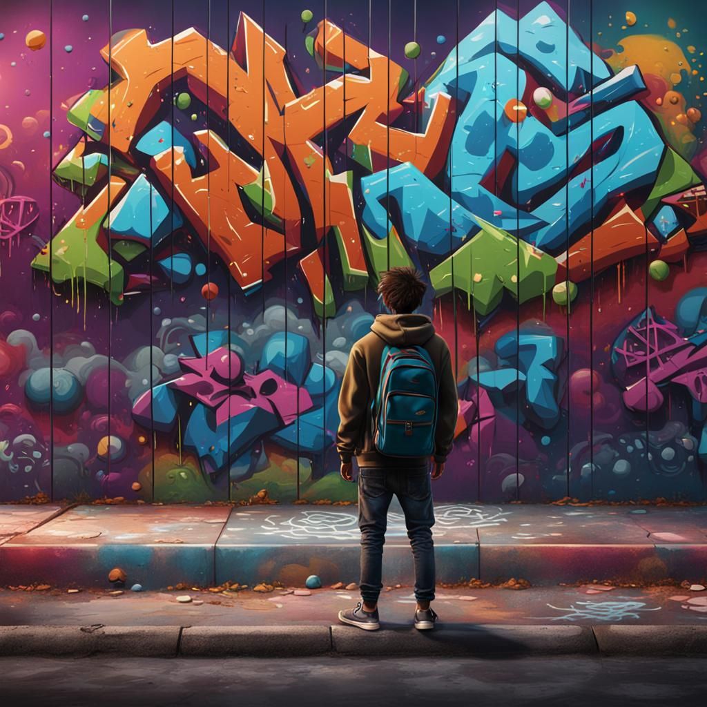 Teenager Gazing at Graffiti Wall: Detailed Matte Painting