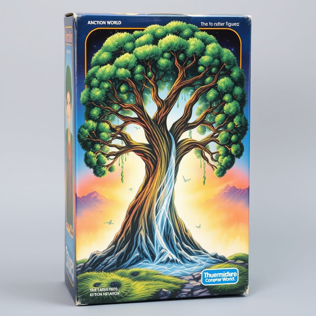 Vintage-Style Action Figure Box Featuring a Portal Tree