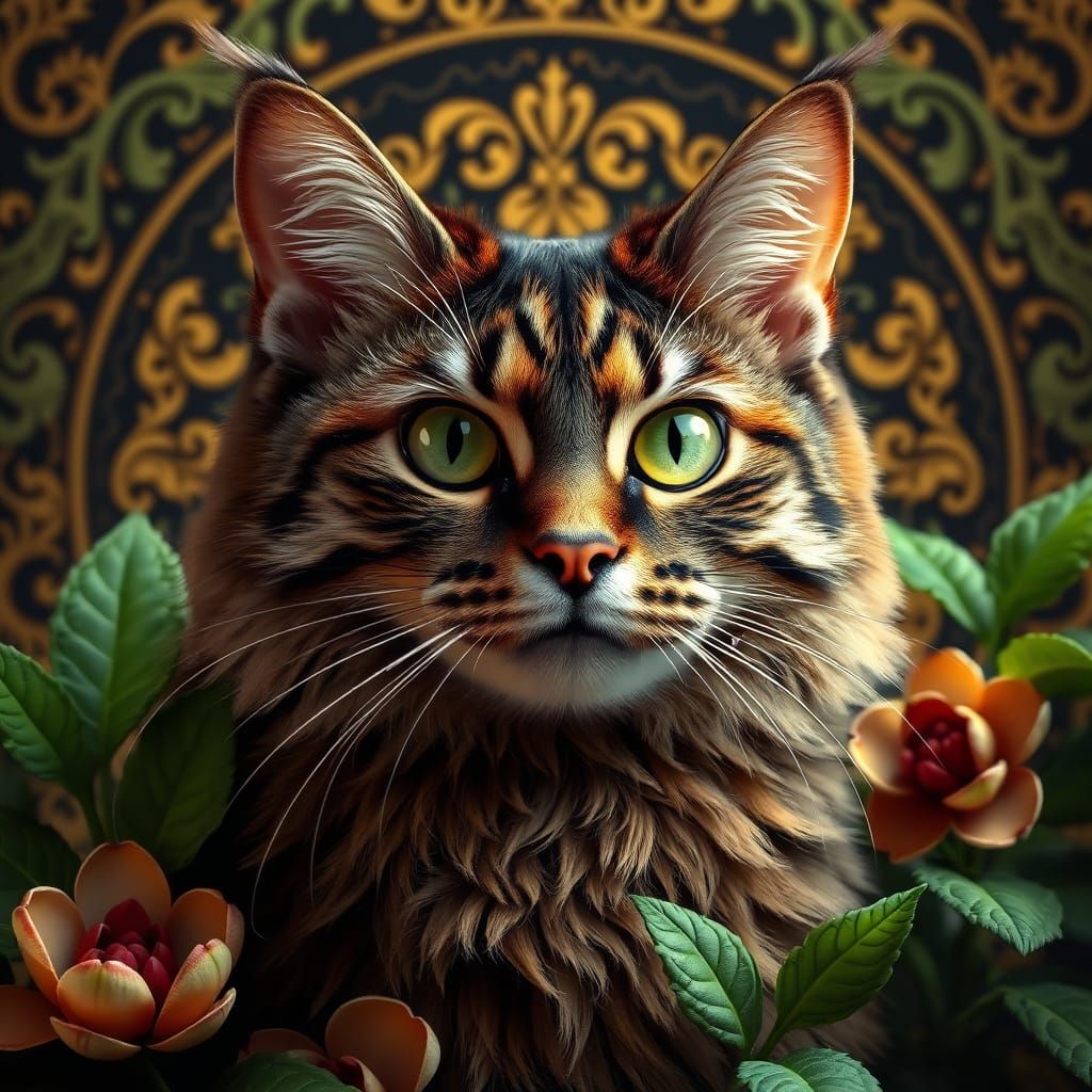 Regal Cat Surrounded by Avocado Greenery in Art Nouveau Styl...