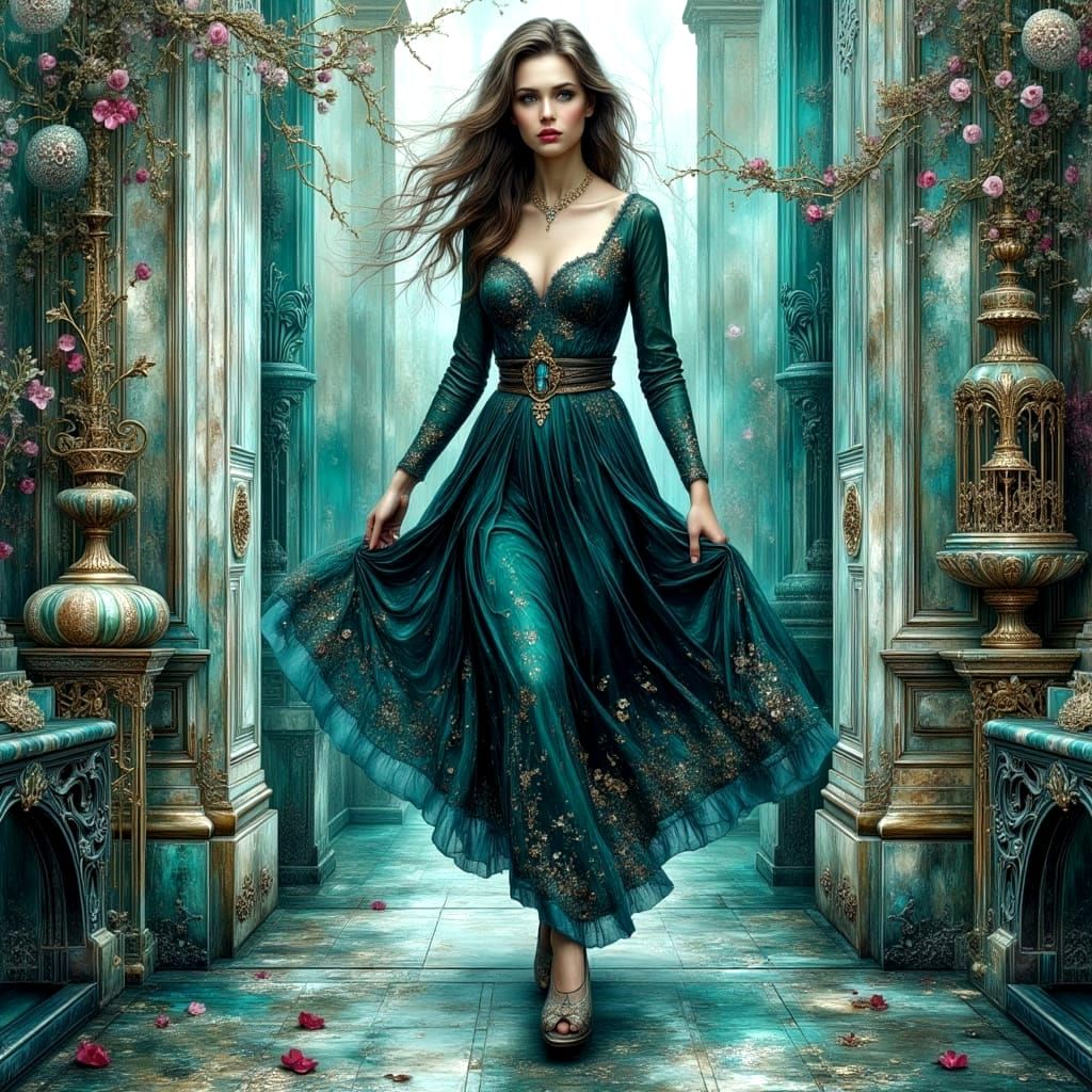 Confident Woman in Dreamscape Landscape, Impasto Oil Paintin...