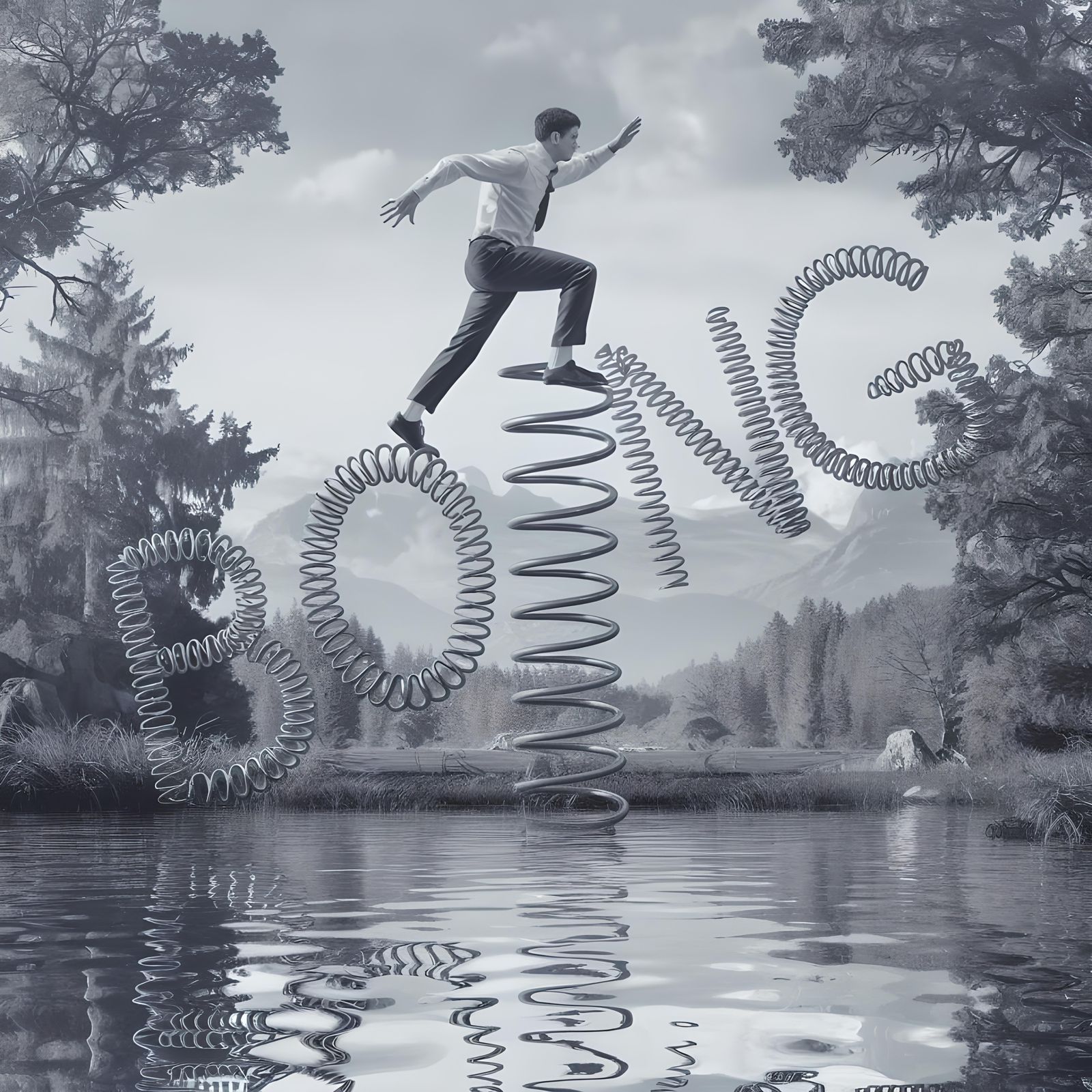 Hyperrealistic Man Hopping on "Boing" Springs