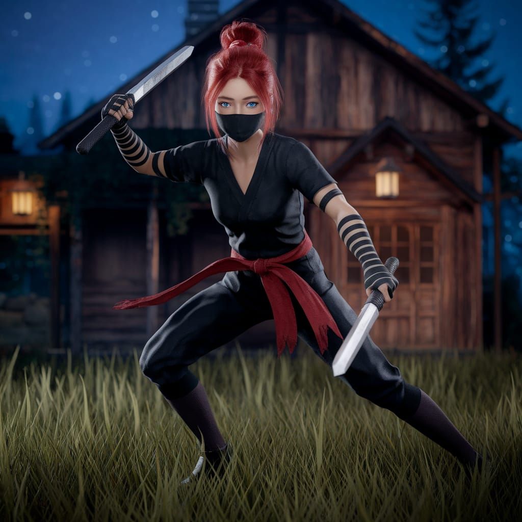 Female Ninja with Red Hair at Night
