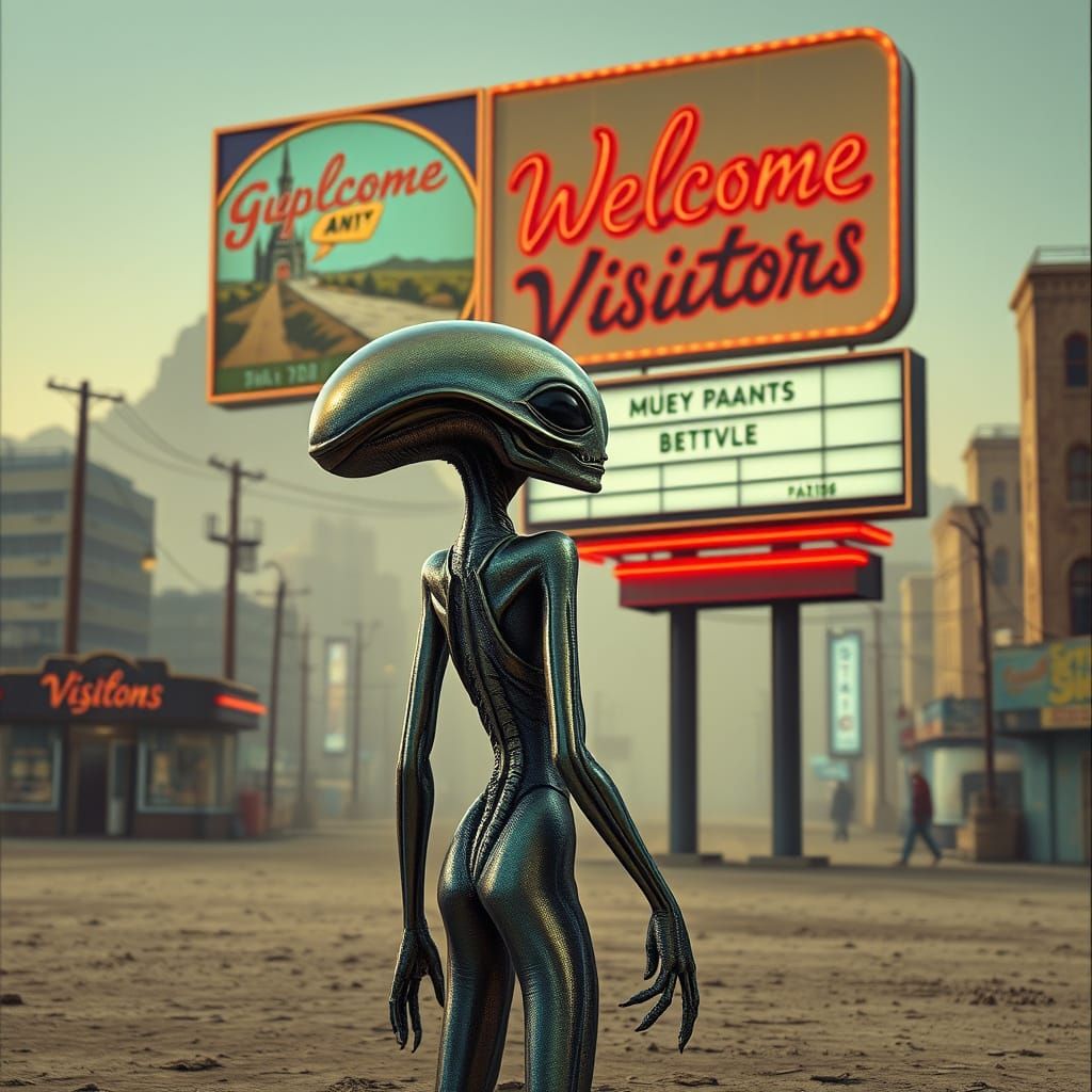 Surreal Alien Gazing at Retro-Futuristic Billboard in Neon-L...