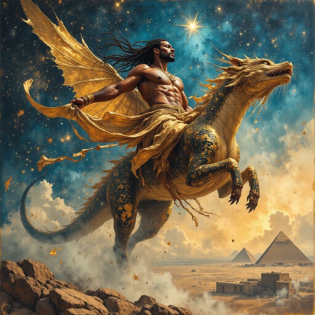 African Warrior God Rides Dragon Over Pyramids in Twilight S...
