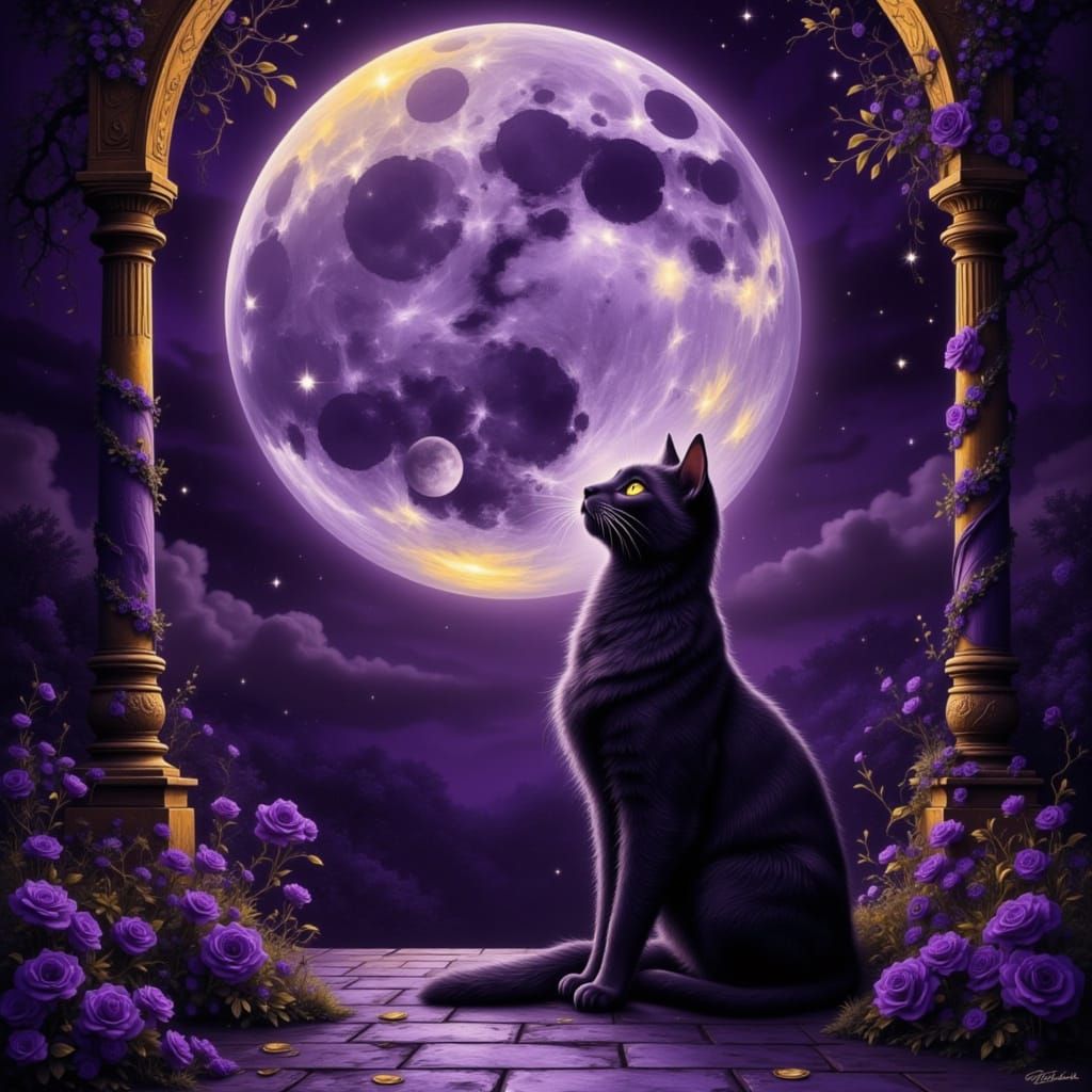Elegant Cat Gazes at Moonlit Portico in Gold & Purple