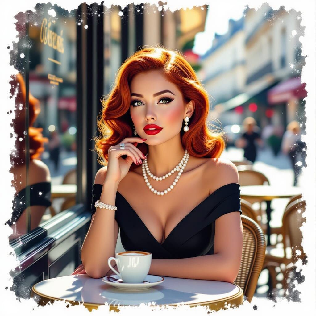 Sophisticated Woman With Red Hair At Parisian Cafe