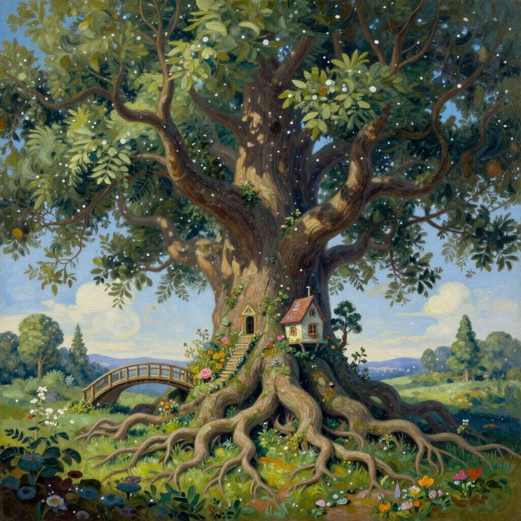 Ancient Treehouse in Snowfall, Hyperrealistic Impasto Painti...