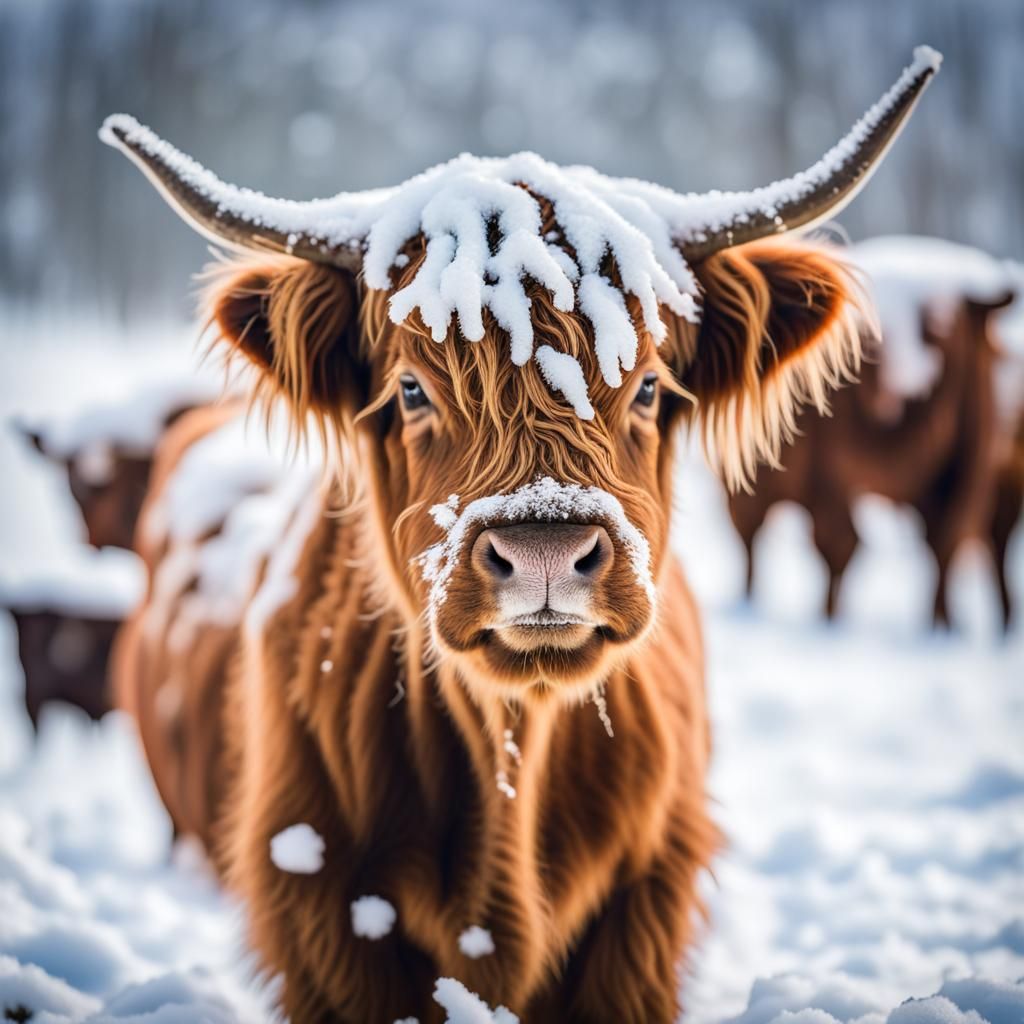 Snow-Covered Baby Highland Cow: Professional Photography