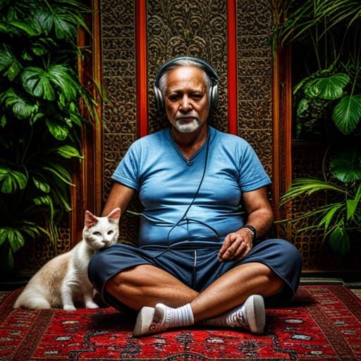 Meditative Figure with Cat, Hyperrealistic Image