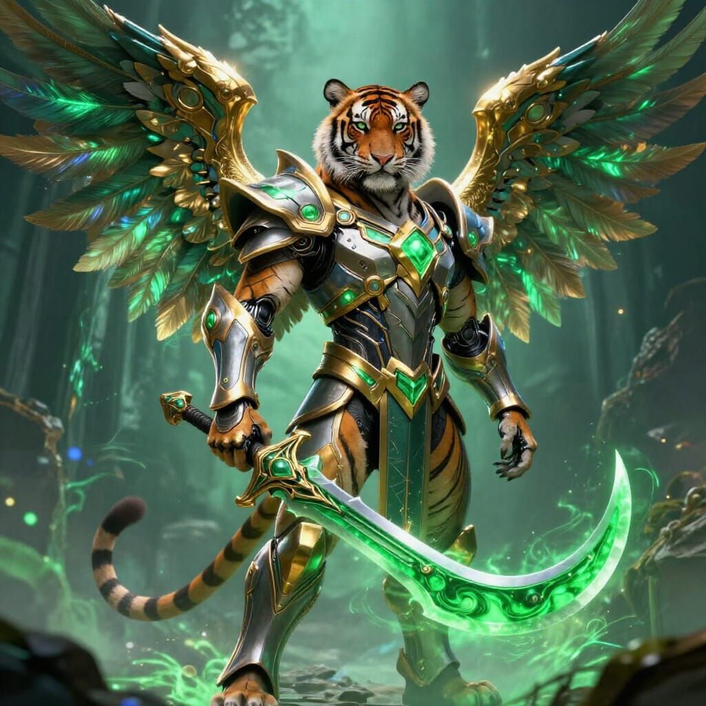 Cybernetic Tiger Angel Wields Dragon Blade