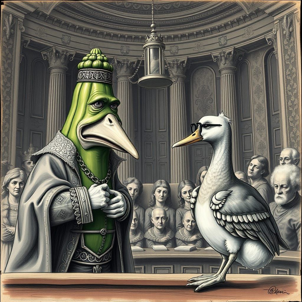 Stately Zucchini Debates Bespectacled Duck in Renaissance-St...