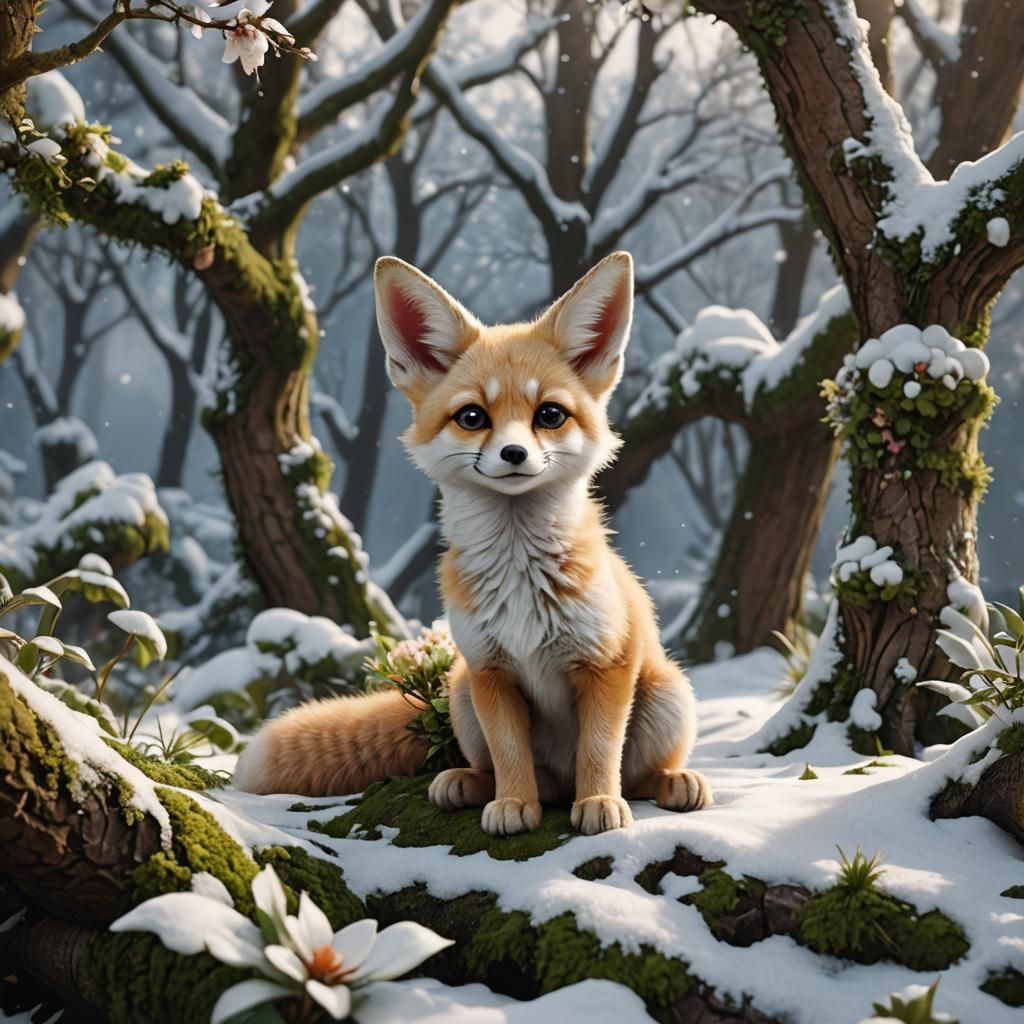 Charming Chibi Fennec Fox Kit Under Snowy Tree