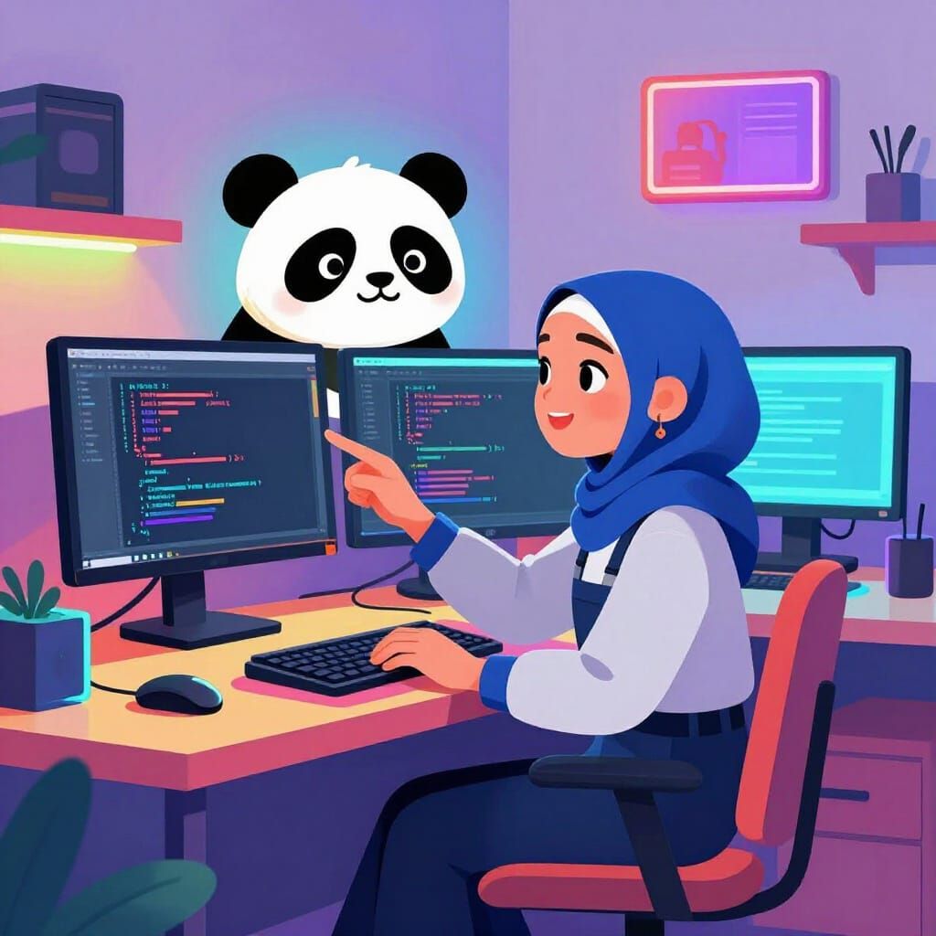 Young Coder and Panda in Vibrant Tech Room