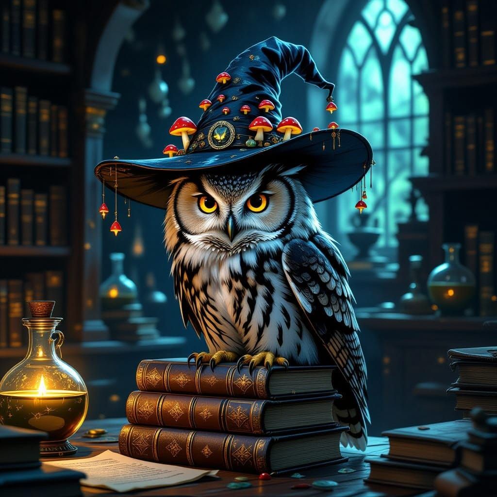 Wise Witch Owl with Spellbooks in Dark Fantasy Style