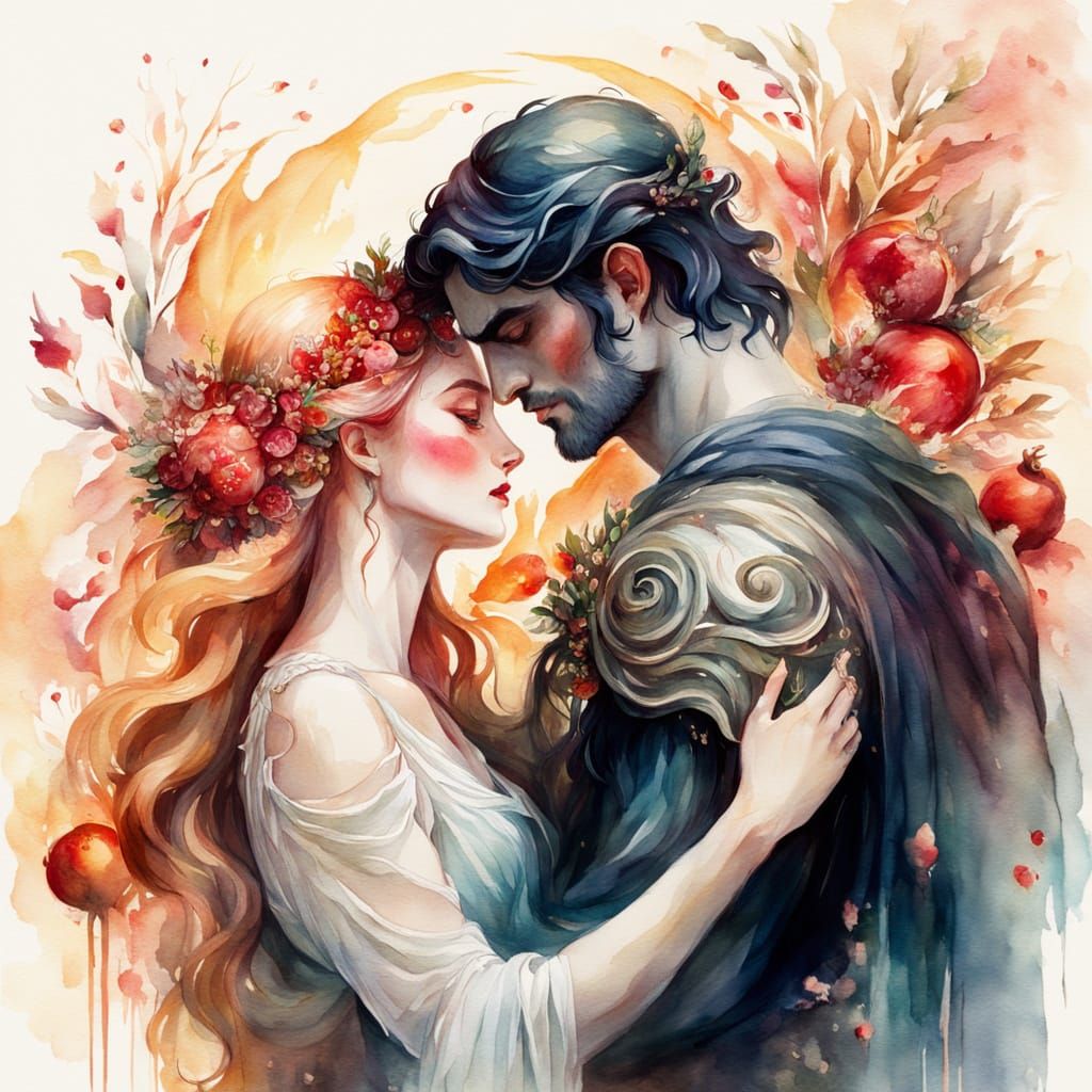 Hades and Persephone Embrace in Watercolor Style