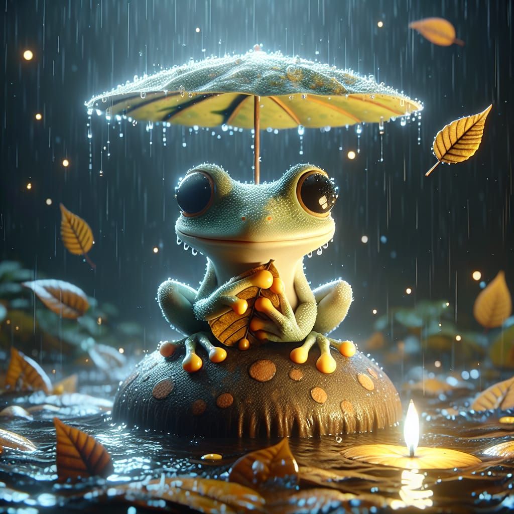 Ethereal Frog Under Twilight Rainy Night