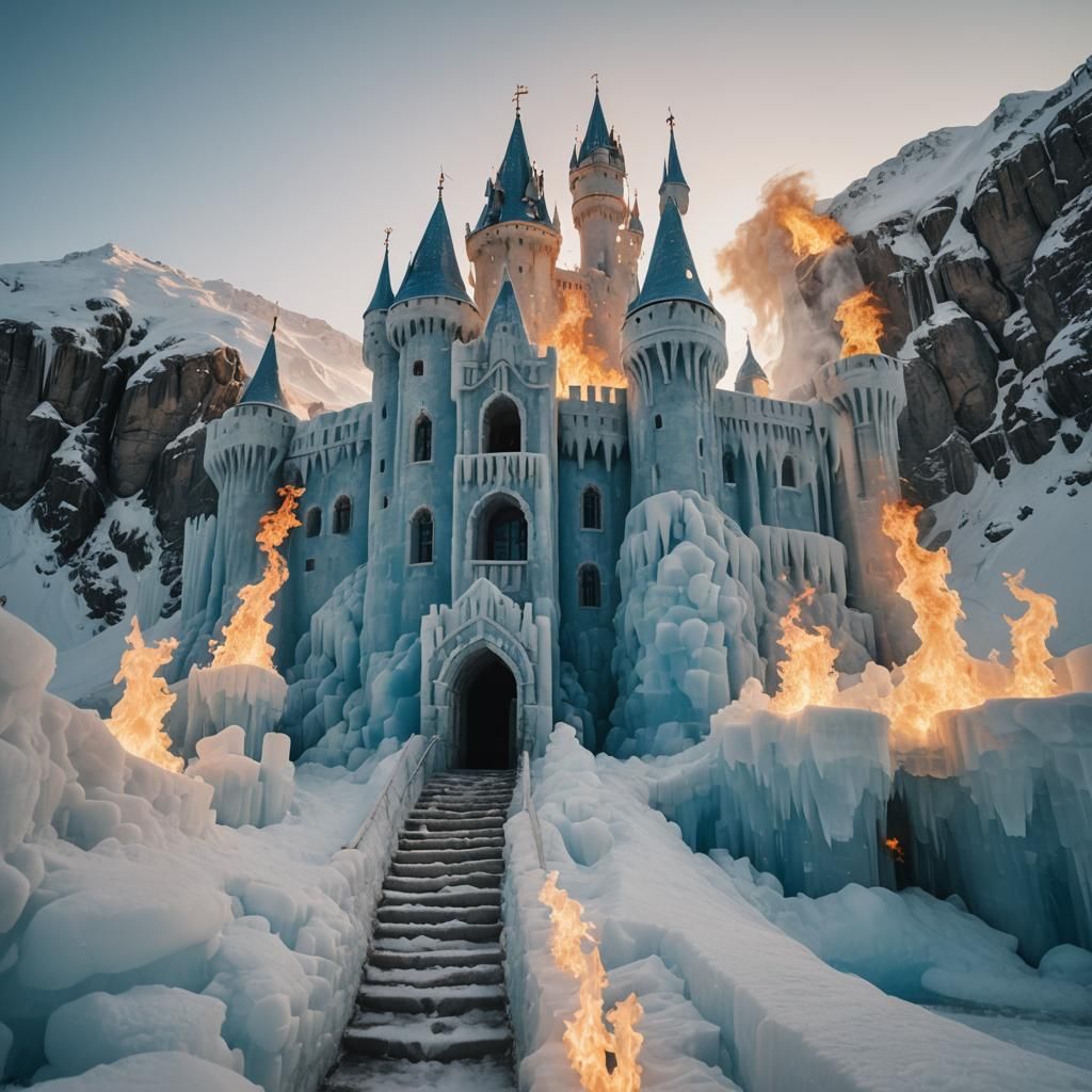 Icy Castle with Fire Staircase in Cinematic Lighting