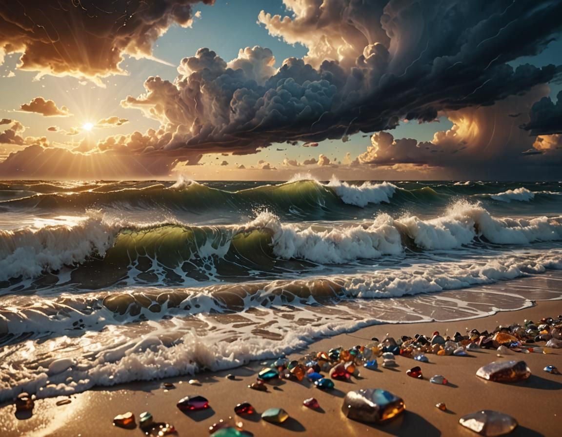 Gemstone Beach: Crashing Waves Under Stormy Skies