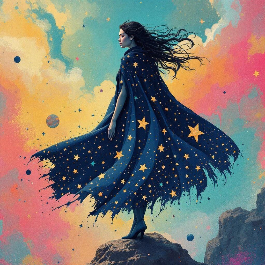 Heroine on Comet in Ethereal Expressionist Style