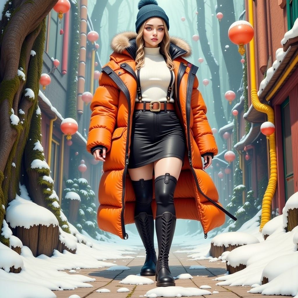 Whimsical Winter Scene in Bold Graphic Design Style