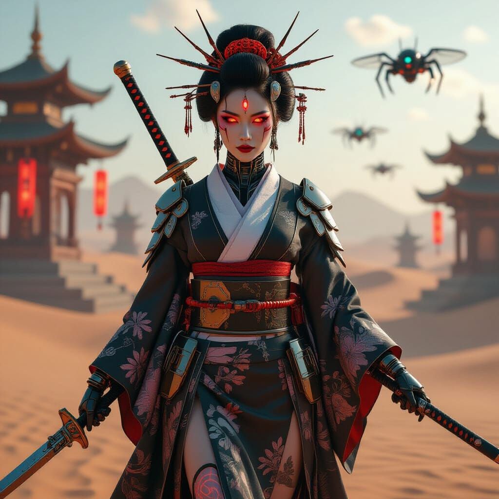 Cyberpunk Scorpion Queen in Desert Windstorm