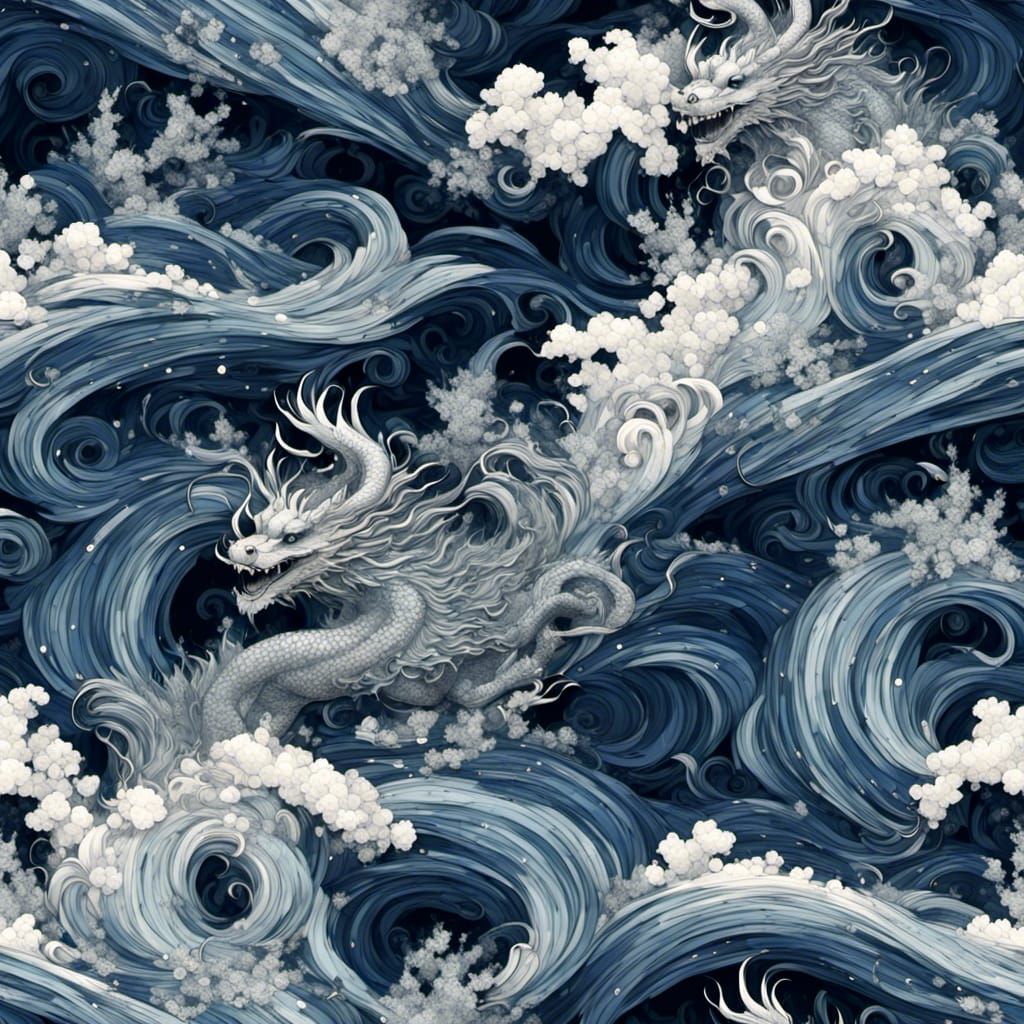 Iridescent Chinese Dragon Soaring Over Ocean Waves
