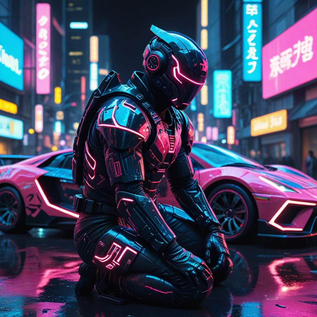 Masked Racer Drifting in Cyberpunk Tokyo Anime