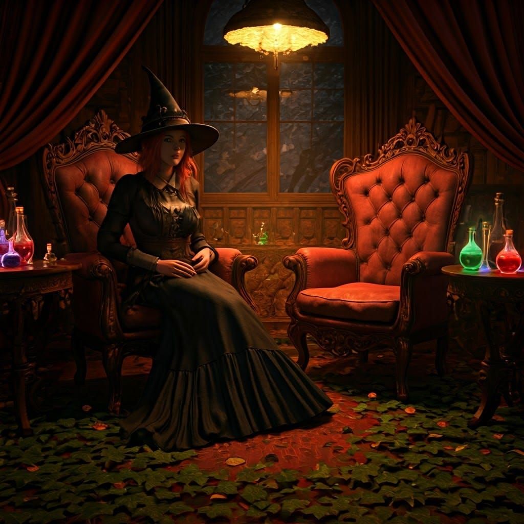 Witches in Victorian Attire Amidst Lush Greenery