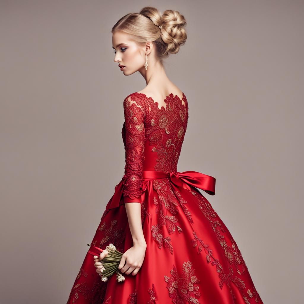 Ash Blonde Beauty in Red Gown Portrait