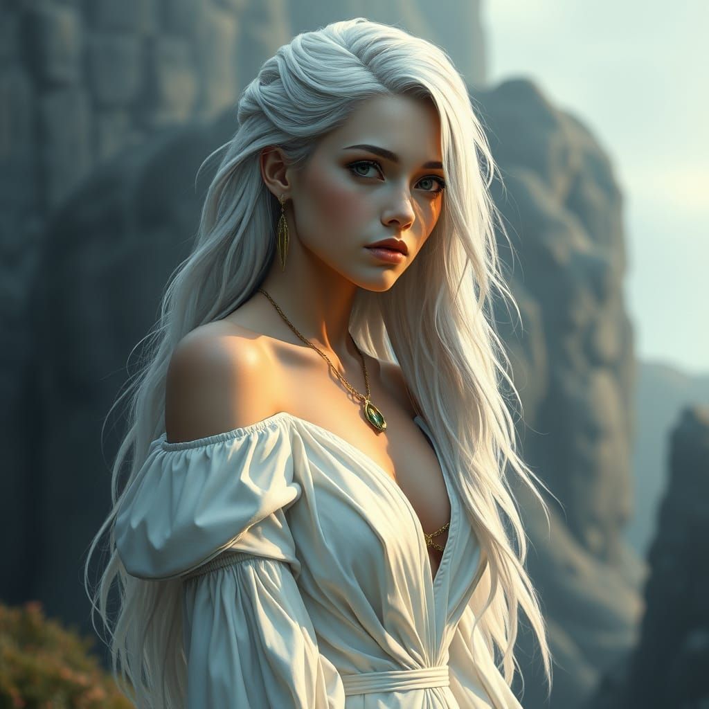 Nordic Woman in White Dress, Detailed Matte Painting