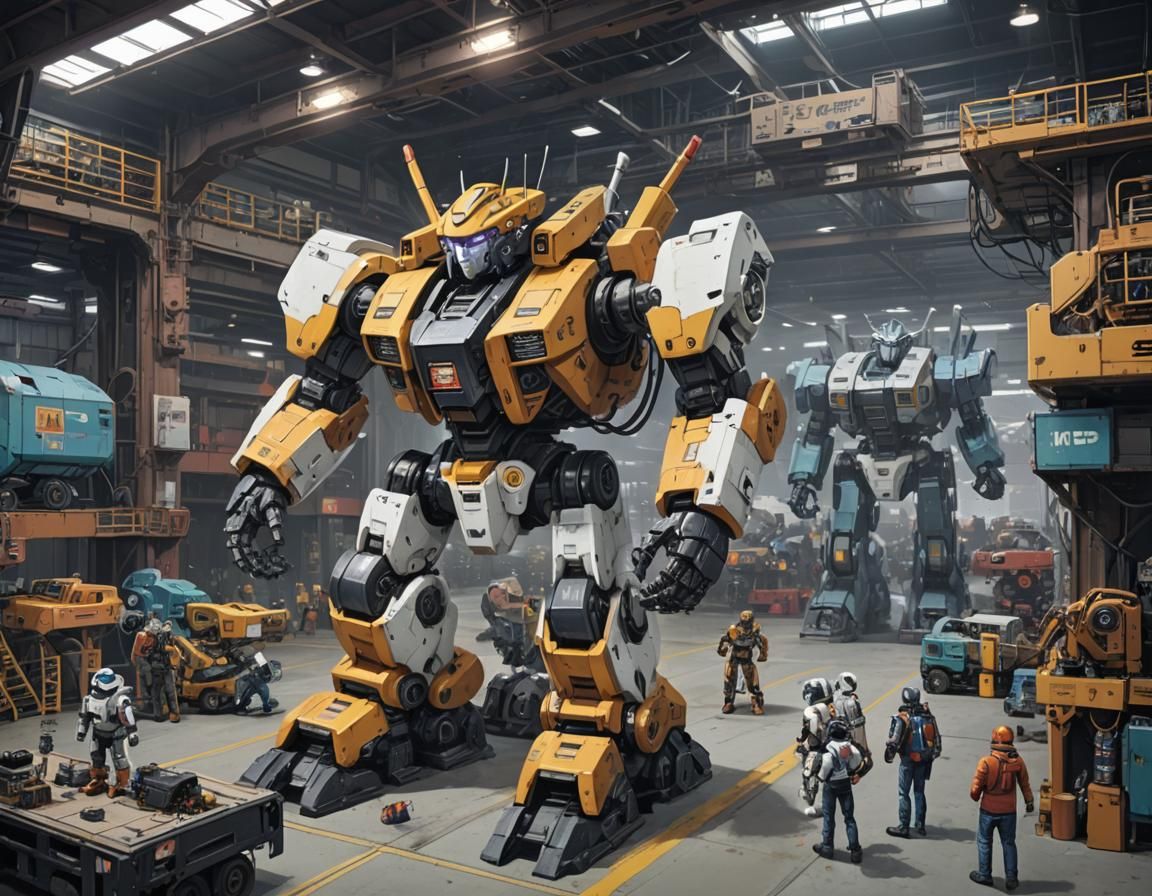 Giant Robots Load Spaceships with Varied Color Schemes