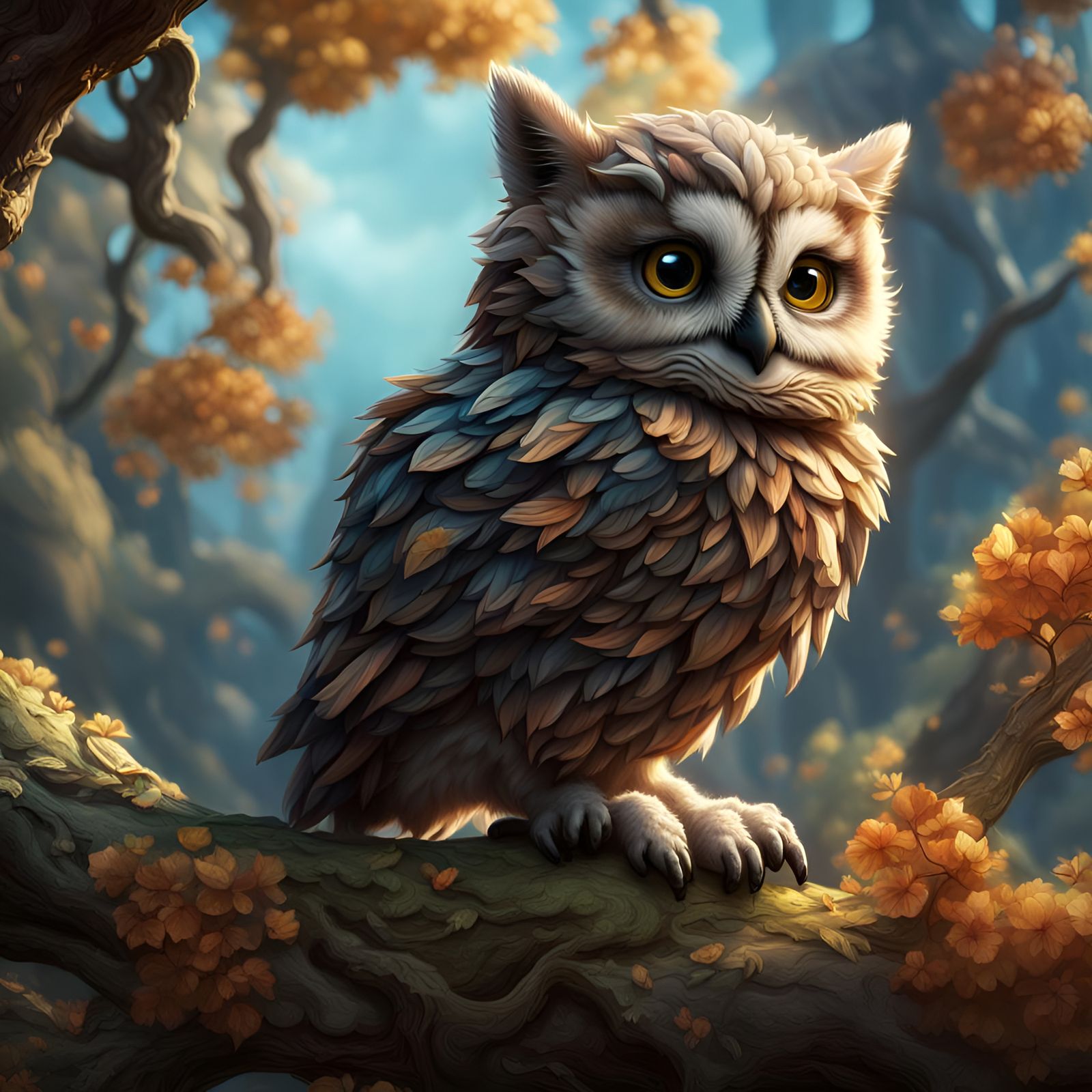 Baby Owl Kitten in Tree: Fantasy Concept Art
